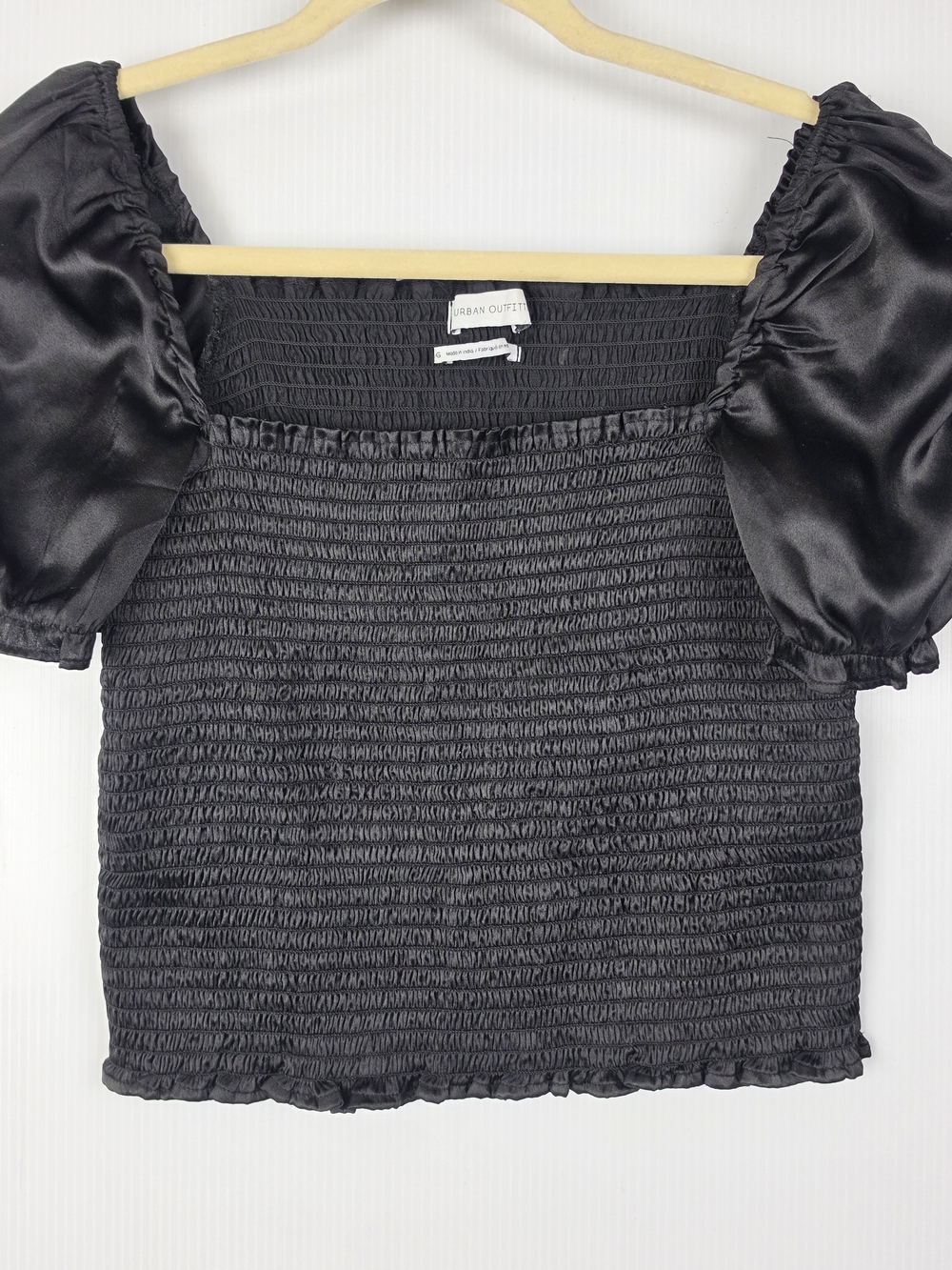 Urban Outfitters Black Smocked Satin Puff Sleeve Crop Top